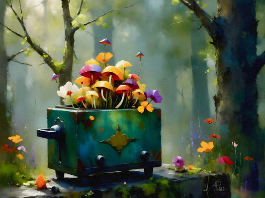 Vintage toaster in a Preston with multicolored mushrooms growing out of the slots. Mystical feel. 