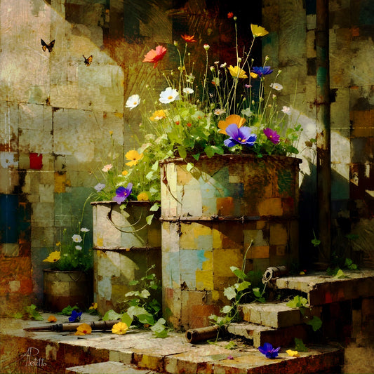Artistic depiction of flowers growing out of old discarded barrels against a concrete wall with butterflies. Warm sunlight streaming in from upper left. 