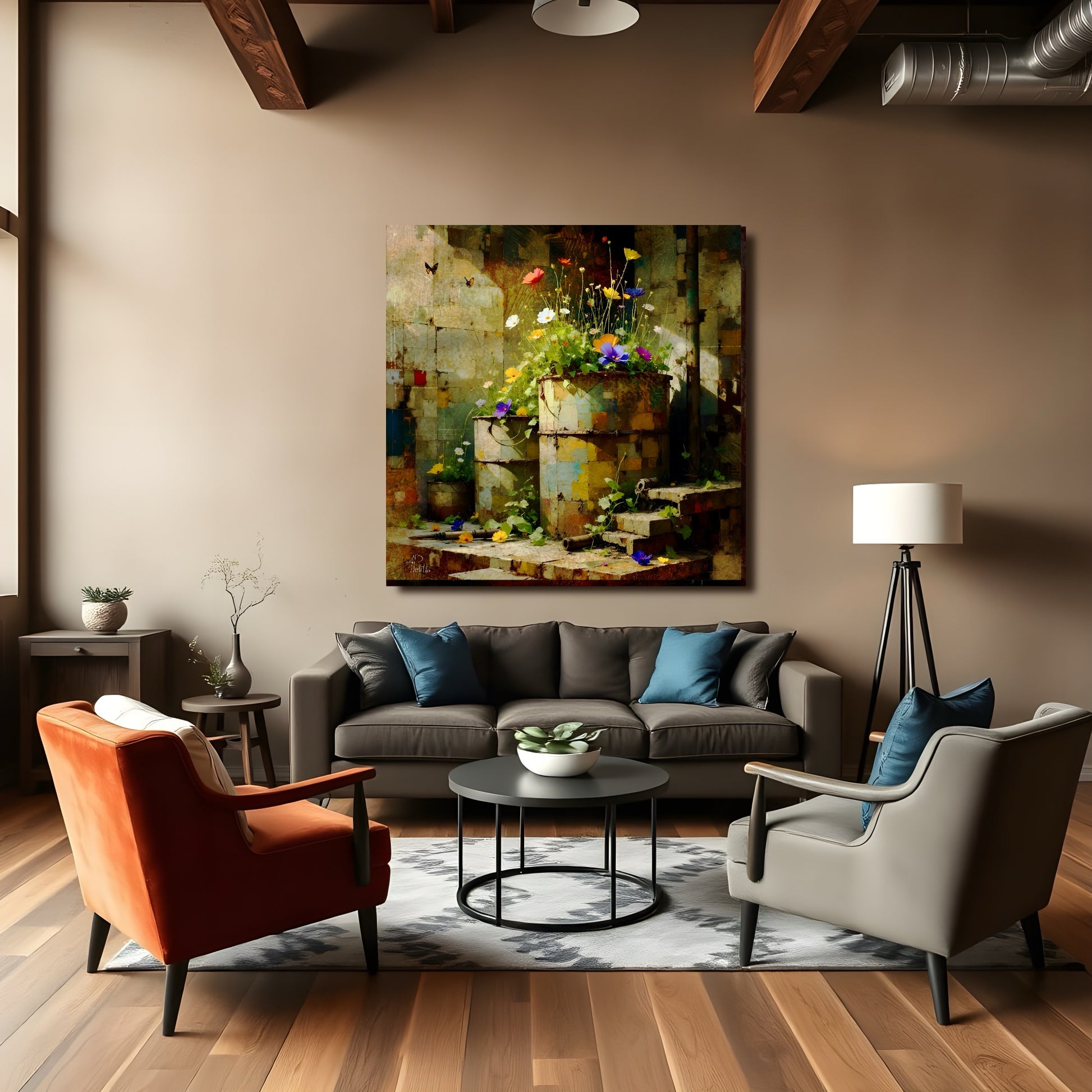 Modern living room with gray sofa, orange armchair, and gray chair, featuring a large abstract painting on the wall.