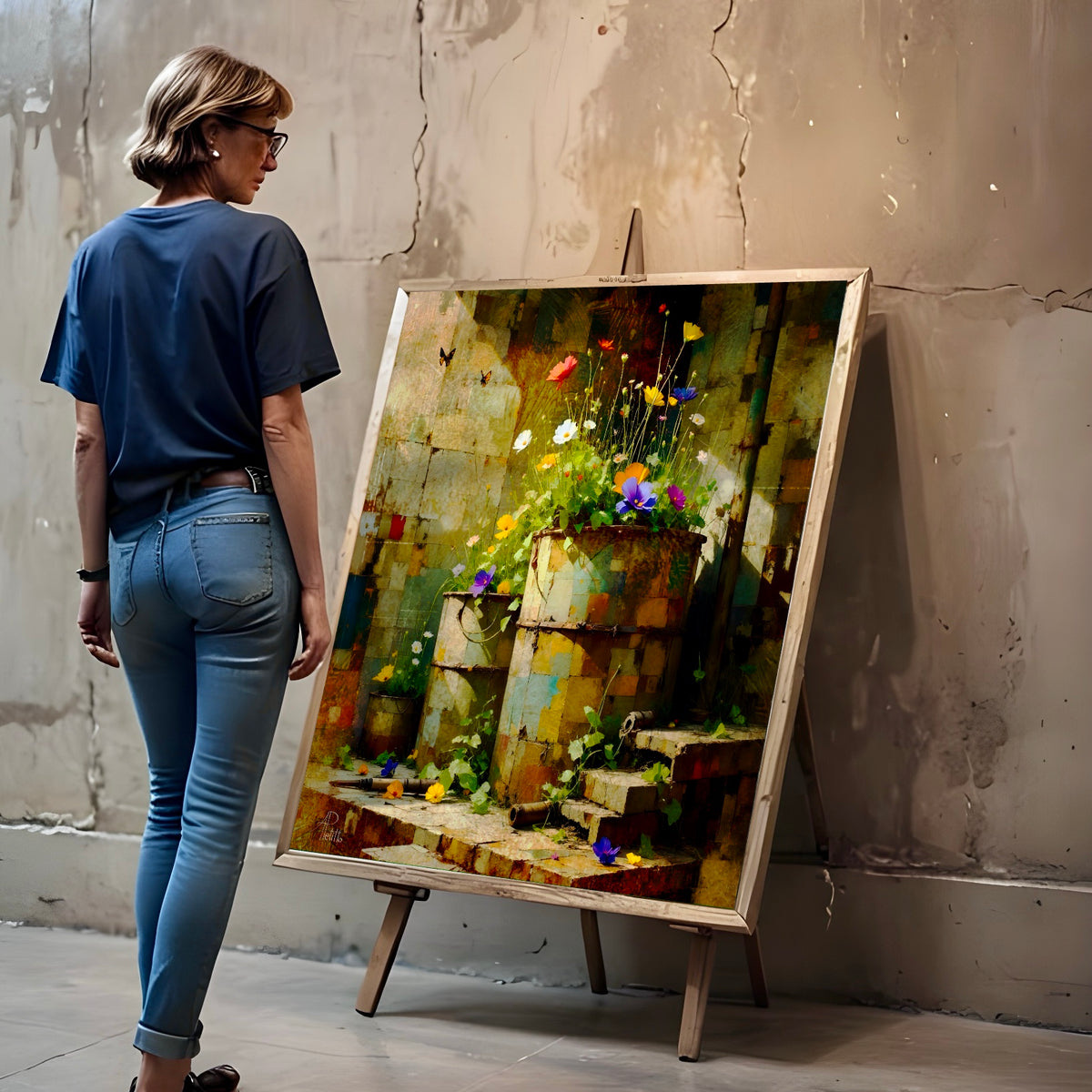 Person looking at a colorful painting of flowers on an easel against a textured wall.