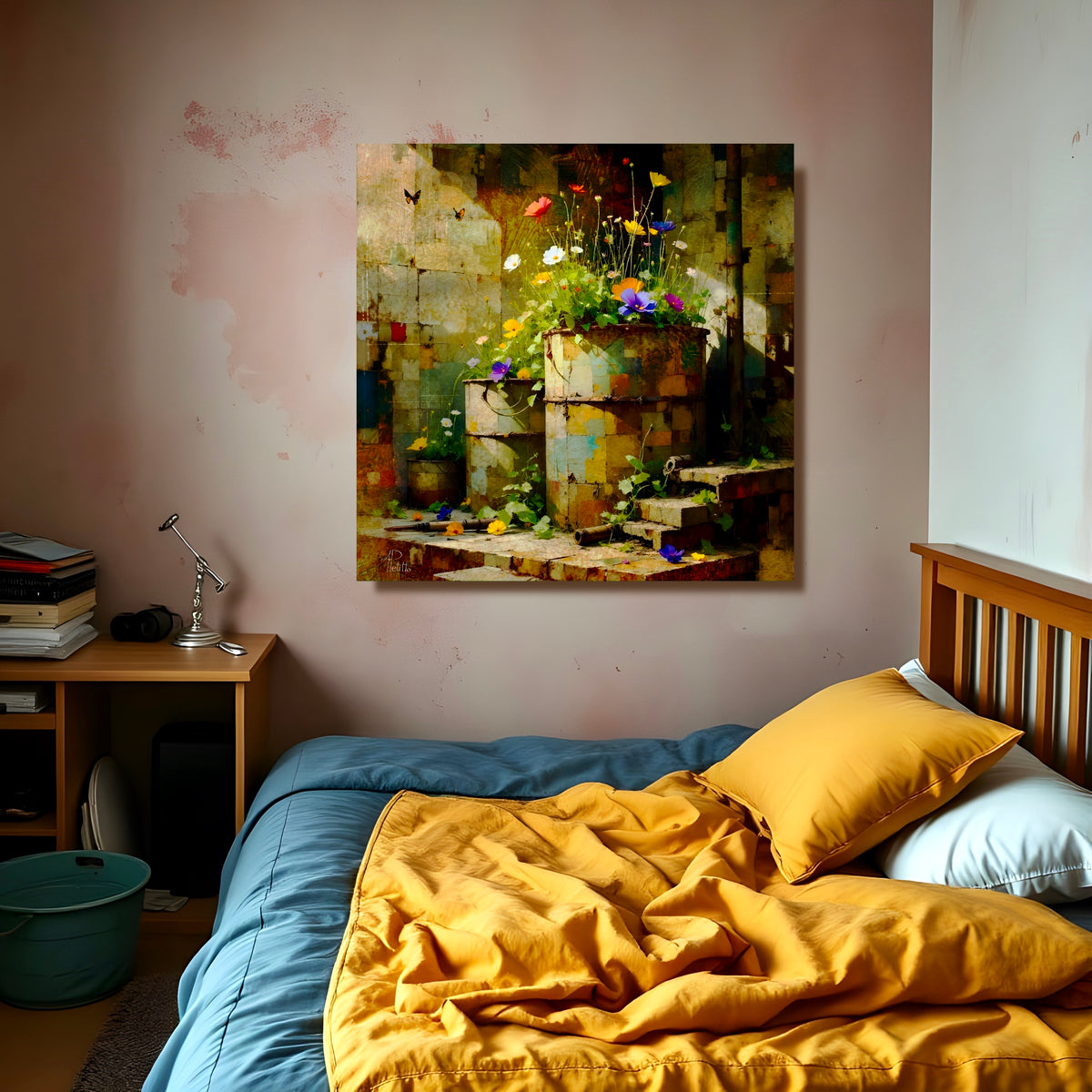Bedroom with a large abstract painting on the wall above a bed.