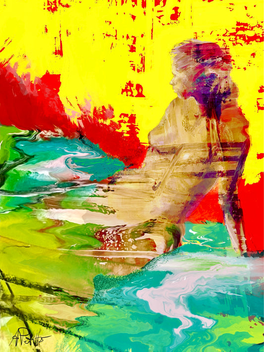 Colorful seated semi abstract woman’s figure sitting on on a fantastical shore. Lots of red and yellow. 
