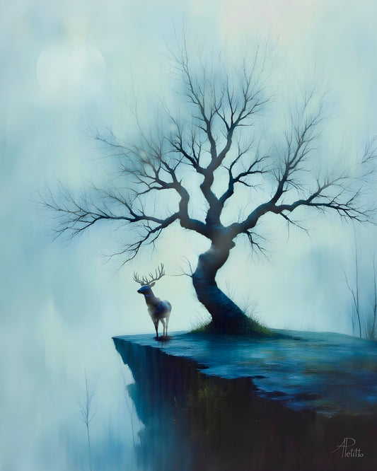 Cyanotype, old gnarled tree with no leaves growing atop a cliff, a stag with antlers stands under its branches. Foggy distance.