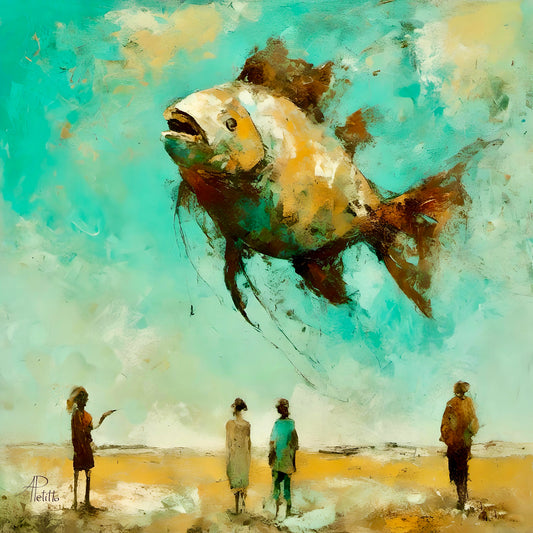Abstract painting of a large fish over a beach scene with people.